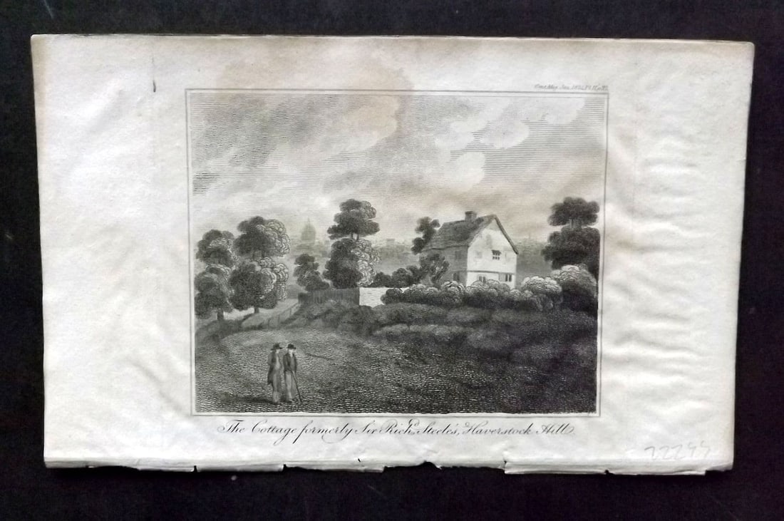 Gentleman's Mag. 1824 Print. Cottage formely of Richard Steele, Havestock Hill: Antique Copper Plate Published London 1731-1833, London for "The Gentleman's Magazine. " by Various Contributors. /water staining. Paper Size: 8 x 5 inch (21 x 13cm) Approx. Some toning.