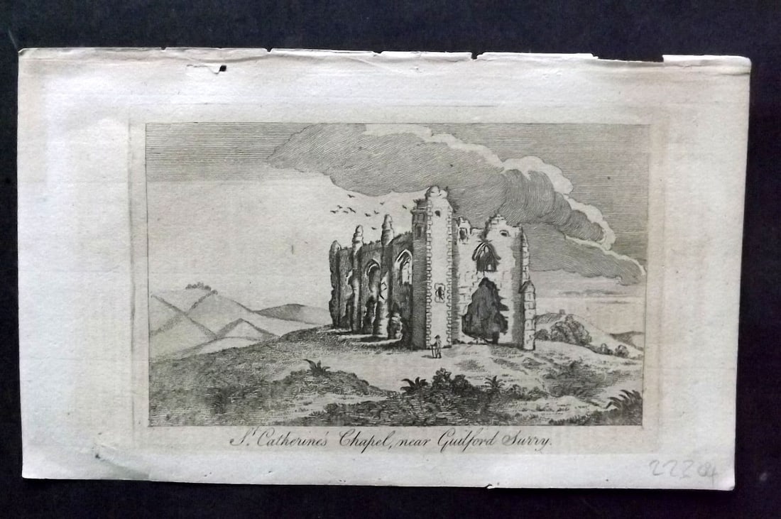Gentleman's Mag. C1770 Print. St. Catherine's Chapel, near Guildford Surrey: Antique Copper Plate Published London 1731-1833, London for "The Gentleman's Magazine. " by Various Contributors. Paper Size: 8 x 5 inch (21 x 13cm) Approx. Very minor toning.