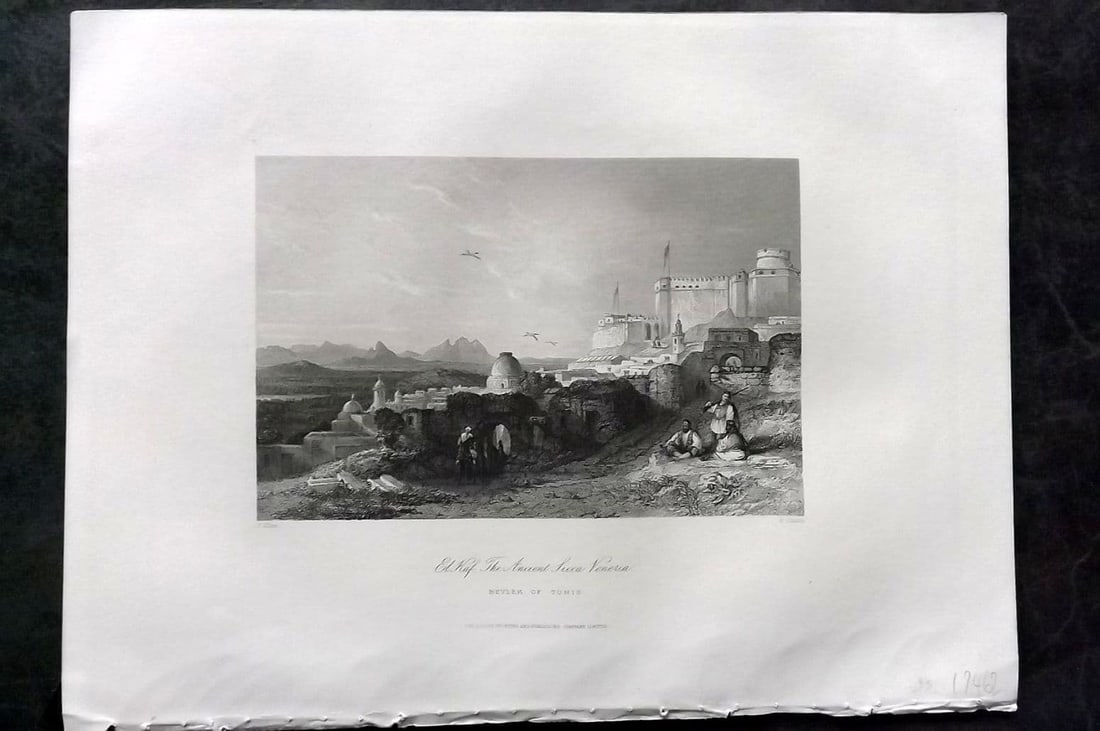 Sherer 1881 Folio Print. El Kaf, the ancient Sicca Veneria. Tunisia: Antique Folio Steel Engraving Published 1879-81, London for "The Classic Lands of Europe Embracing Italy, Sicily and Greece" by John Sherer. Paper Size: 12 x 9.5 inch (31x 24cm). Good Condition.