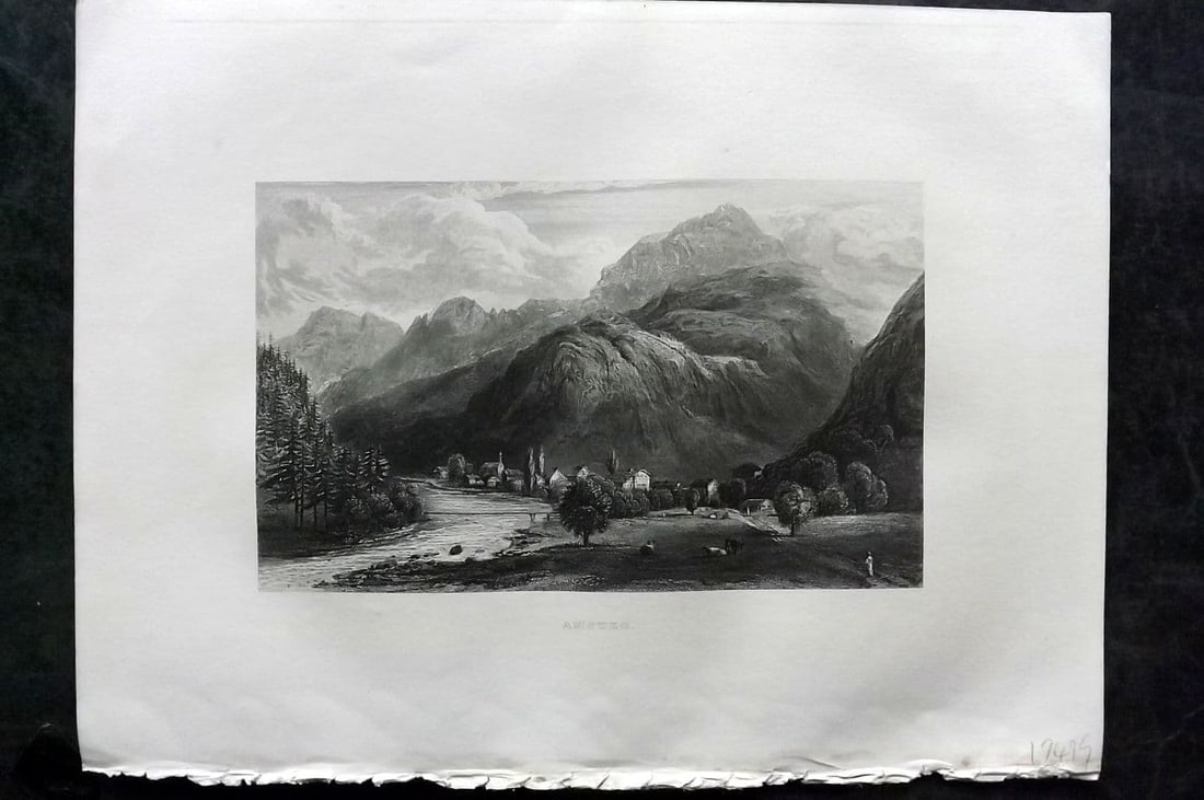 Sherer 1881 Folio Print. Amsteg Silenen, Switzerland: Antique Folio Steel Engraving Published 1879-81, London for "The Classic Lands of Europe Embracing Italy, Sicily and Greece" by John Sherer. Paper Size: 12 x 9.5 inch (31x 24cm) Good Condition