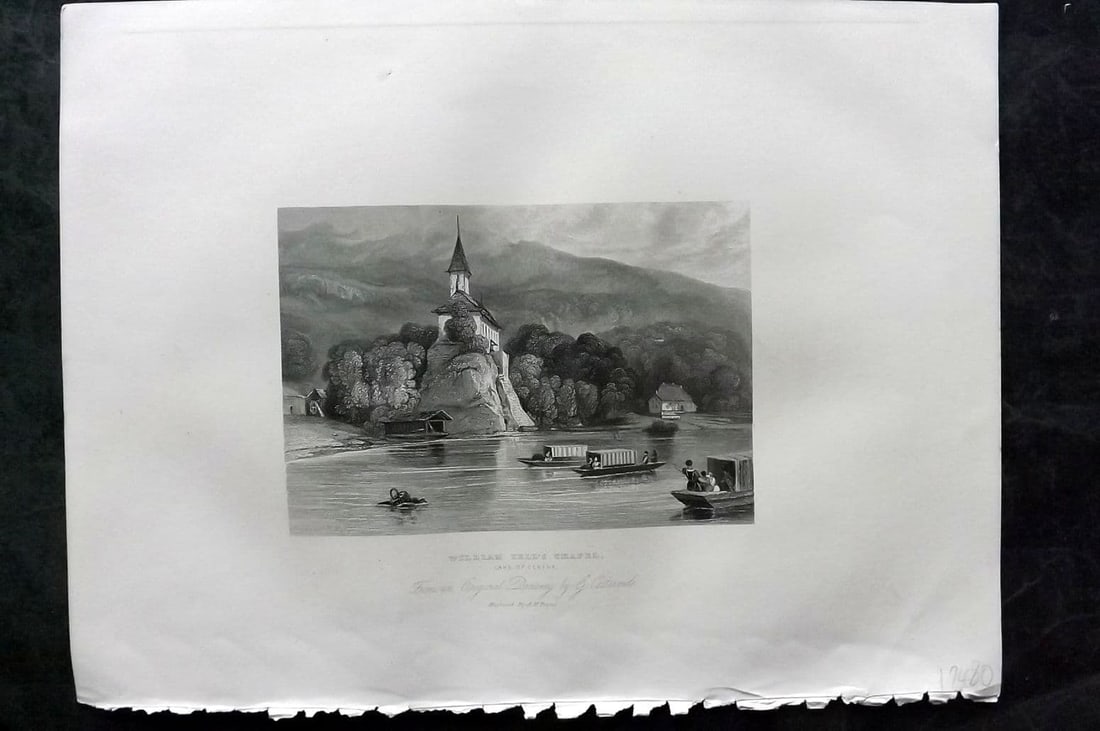 Sherer 1881 Folio Print. William Tell's Chapel, Lake of Geneva. Switzerland: Antique Folio Steel Engraving Published 1879-81, London for "The Classic Lands of Europe Embracing Italy, Sicily and Greece" by John Sherer. Paper Size: 12 x 9.5 inch (31x 24cm) Good Condition