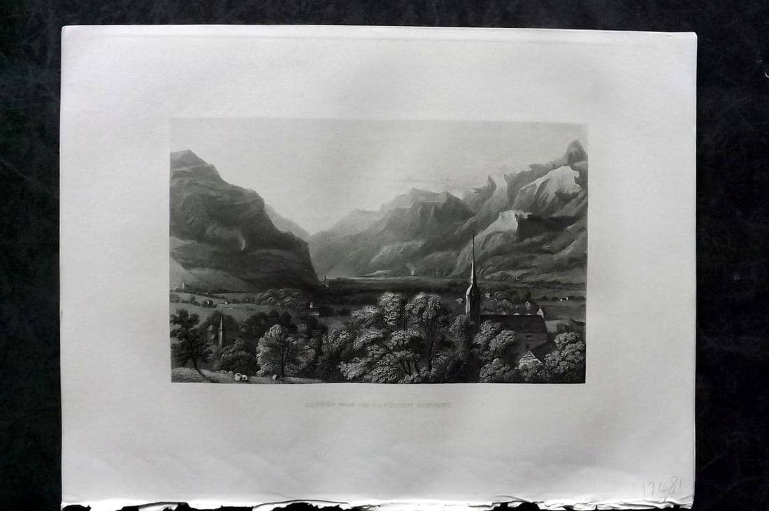 Sherer 1881 Folio Print. Altorf from the Capuchin Convent, Switzerland: Antique Folio Steel Engraving Published 1879-81, London for "The Classic Lands of Europe Embracing Italy, Sicily and Greece" by John Sherer. Paper Size: 12 x 9.5 inch (31x 24cm) Good Condition