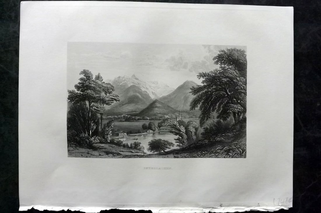 Sherer 1881 Folio Print. Interlaken, Switzerland: Antique Folio Steel Engraving Published 1879-81, London for "The Classic Lands of Europe Embracing Italy, Sicily and Greece" by John Sherer. Paper Size: 12 x 9.5 inch (31x 24cm) Good Condition