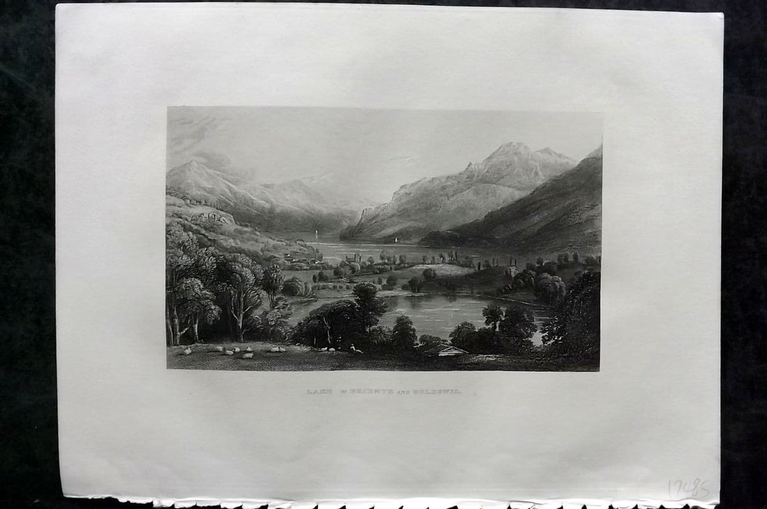 Sherer 1881 Folio Print. Lake Brientz and Goldswil, Switzerland: Antique Folio Steel Engraving Published 1879-81, London for "The Classic Lands of Europe Embracing Italy, Sicily and Greece" by John Sherer. Paper Size: 12 x 9.5 inch (31x 24cm) Good Condition