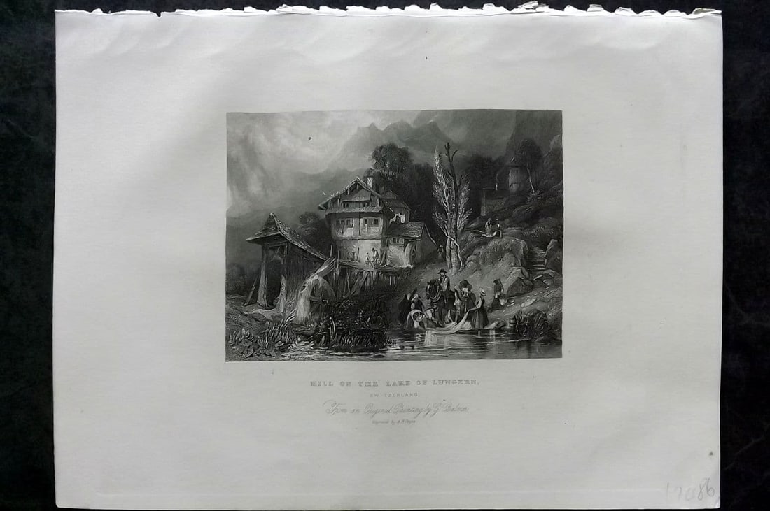 Sherer 1881 Folio Print. Mill on Lake Lungern, Switzerland: Antique Folio Steel Engraving Published 1879-81, London for "The Classic Lands of Europe Embracing Italy, Sicily and Greece" by John Sherer. Paper Size: 12 x 9.5 inch (31x 24cm) Good Condition