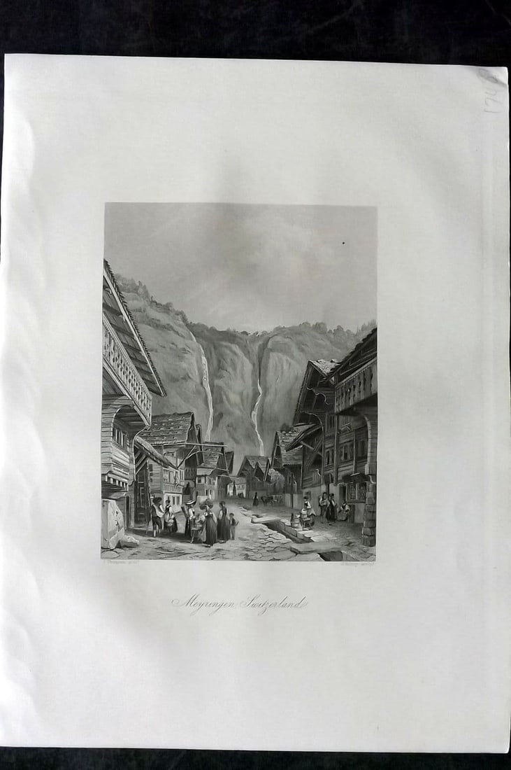 Sherer 1881 Folio Print. Meyringen, Switzerland: Antique Folio Steel Engraving Published 1879-81, London for "The Classic Lands of Europe Embracing Italy, Sicily and Greece" by John Sherer. Paper Size: 12 x 9.5 inch (31x 24cm) Good Condition