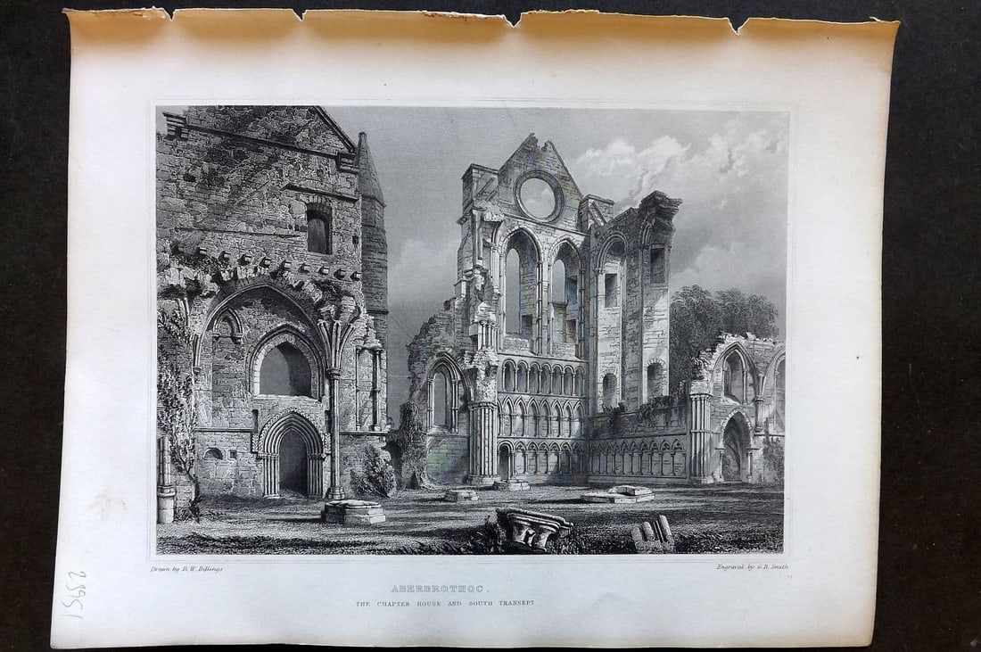 Billings C1850 Antique Print. Aberbrothoc, Scotland: Antique Folio Steel Engraving Published 1845-52, London for "The Baronial and Ecclesiastical Antiquities of Scotland" Illustrated by Robert William Billings. Paper Size: 11.5 x 8.5 inch (29 x 22cm). G