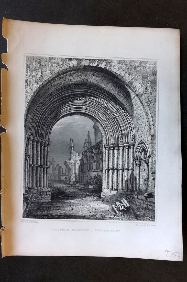 Billings C1850 Antique Print. Western Doorway, Aberbrothoc, Scotland: Antique Folio Steel Engraving Published 1845-52, London for "The Baronial and Ecclesiastical Antiquities of Scotland" Illustrated by Robert William Billings. Paper Size: 11.5 x 8.5 inch (29 x 22cm). G