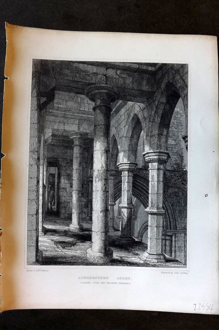 Billings C1850 Print Aberbrothoc Abbey, Gallery over Western Entrance, Scotland: Antique Folio Steel Engraving Published 1845-52, London for "The Baronial and Ecclesiastical Antiquities of Scotland" Illustrated by Robert William Billings. Paper Size: 11.5 x 8.5 inch (29 x 22cm). G