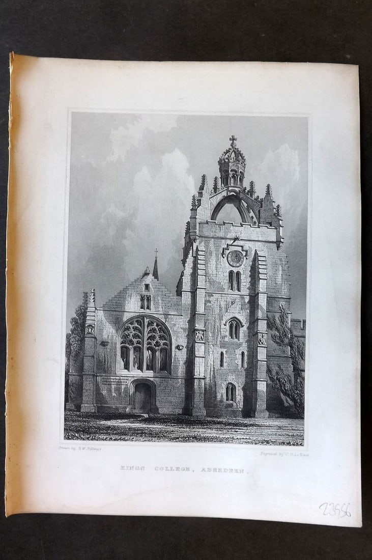 Billings C1850 Antique Print. Kings College, Aberdeen, Scotland: Antique Folio Steel Engraving Published 1845-52, London for "The Baronial and Ecclesiastical Antiquities of Scotland" Illustrated by Robert William Billings. Paper Size: 11.5 x 8.5 inch (29 x 22cm). M