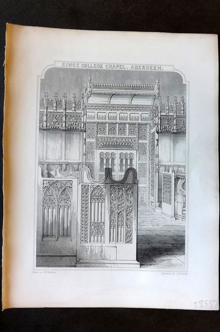 Billings C1850 Antique Print. Kings College Chapel, Aberdeen, Scotland: Antique Folio Steel Engraving Published 1845-52, London for "The Baronial and Ecclesiastical Antiquities of Scotland" Illustrated by Robert William Billings. Paper Size: 11.5 x 8.5 inch (29 x 22cm) Mi