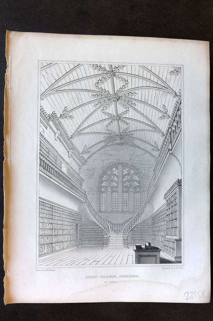 Billings C1850 Antique Print. Kings College Library, Aberdeen, Scotland: Antique Folio Steel Engraving Published 1845-52, London for "The Baronial and Ecclesiastical Antiquities of Scotland" Illustrated by Robert William Billings. Paper Size: 11.5 x 8.5 inch (29 x 22cm) Mi