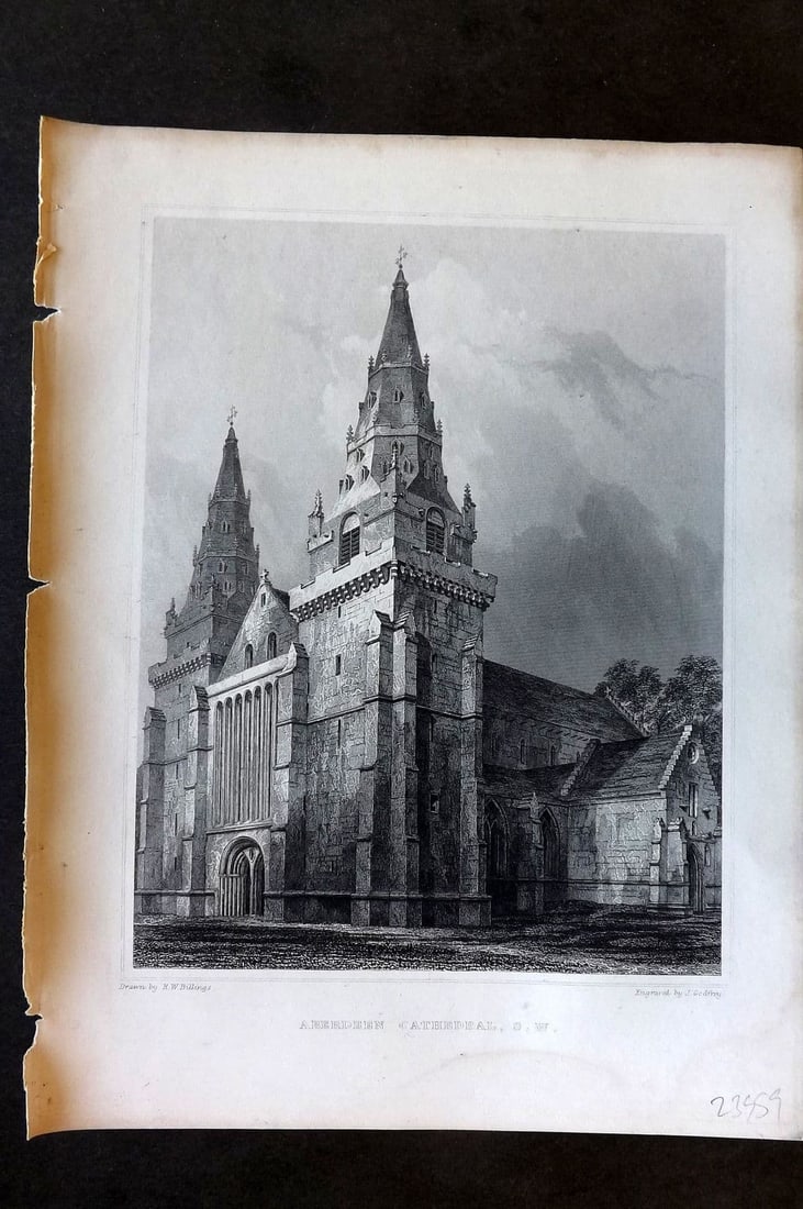 Billings C1850 Antique Print. Aberdeen Cathedral. S. W., Scotland: Antique Folio Steel Engraving Published 1845-52, London for "The Baronial and Ecclesiastical Antiquities of Scotland" Illustrated by Robert William Billings. Paper Size: 11.5 x 8.5 inch (29 x 22cm) Mi