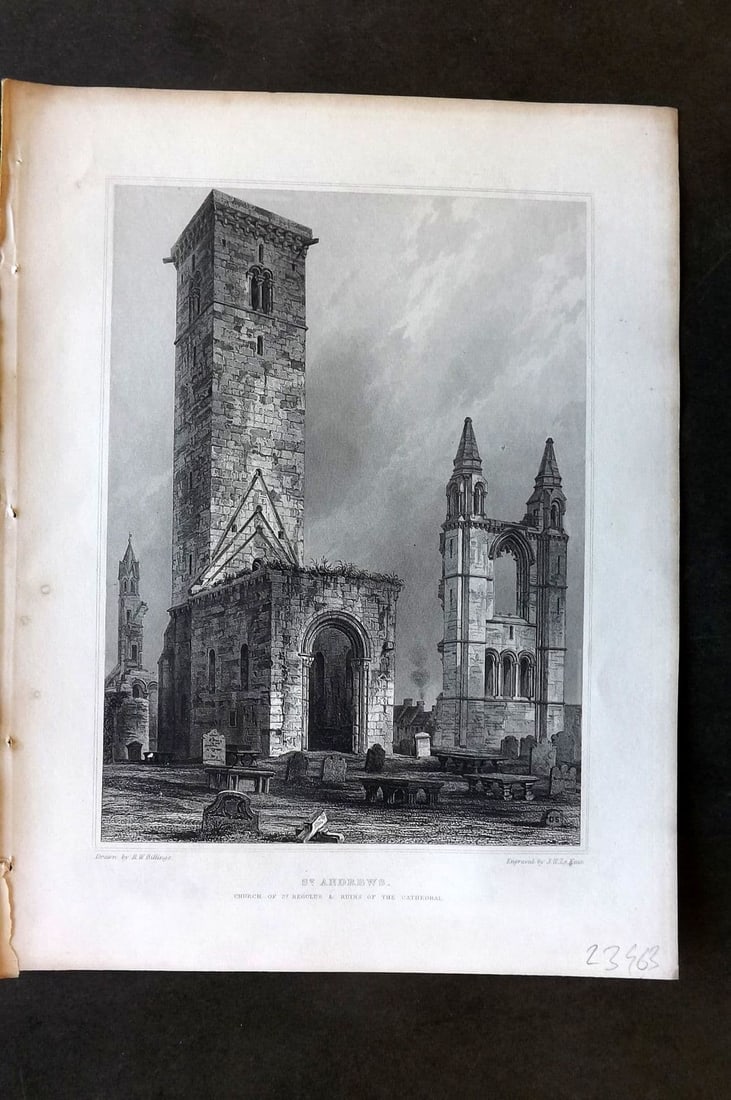 Billings C1850 Antique Print. St. Andrews. Church of the St. Regulus, Scotland: Antique Folio Steel Engraving Published 1845-52, London for "The Baronial and Ecclesiastical Antiquities of Scotland" Illustrated by Robert William Billings. Paper Size: 11.5 x 8.5 inch (29 x 22cm). G