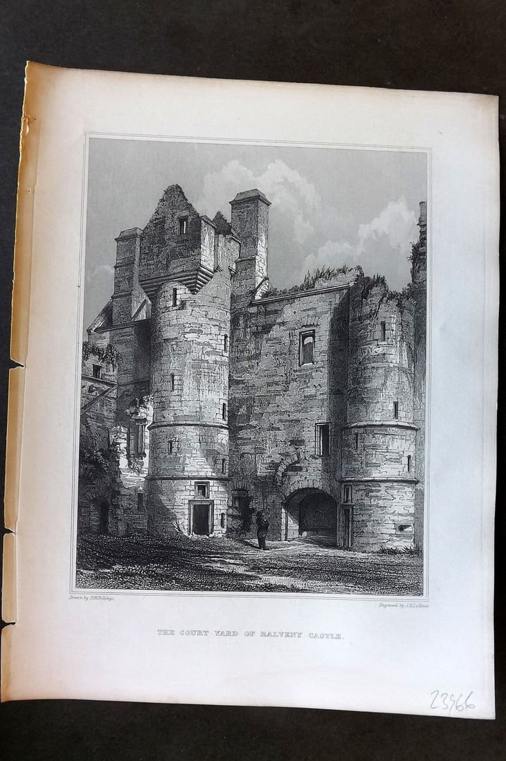Billings C1850 Antique Print. Court Yard of Balveny Castle, Scotland: Antique Folio Steel Engraving Published 1845-52, London for "The Baronial and Ecclesiastical Antiquities of Scotland" Illustrated by Robert William Billings. Paper Size: 11.5 x 8.5 inch (29 x 22cm). G