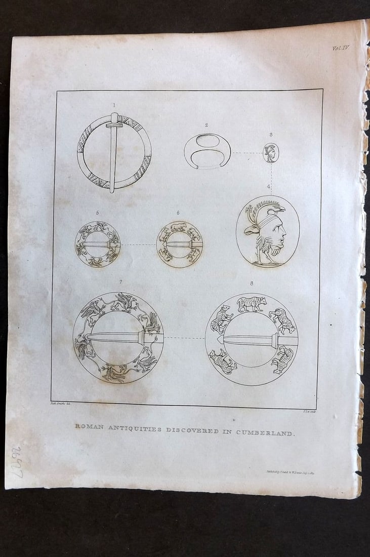Lysons 1816 Antique Print. Roman Antiquities discovered in Cumberland: Antique Copper Plate Published 1806-22, London for "Magna Britannia; Being A Concise Topographical Account of The Several Counties of Great Britain" by Daniel & Samuel Lysons. Paper Size: 11.5 x 8.5 i