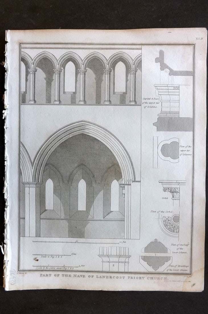 Lysons 1816 Antique Print. Part of the Nave of Lanercost Priory Church: Antique Copper Plate Published 1806-22, London for "Magna Britannia; Being A Concise Topographical Account of The Several Counties of Great Britain" by Daniel & Samuel Lysons. Paper Size: 11.5 x 8.5 i