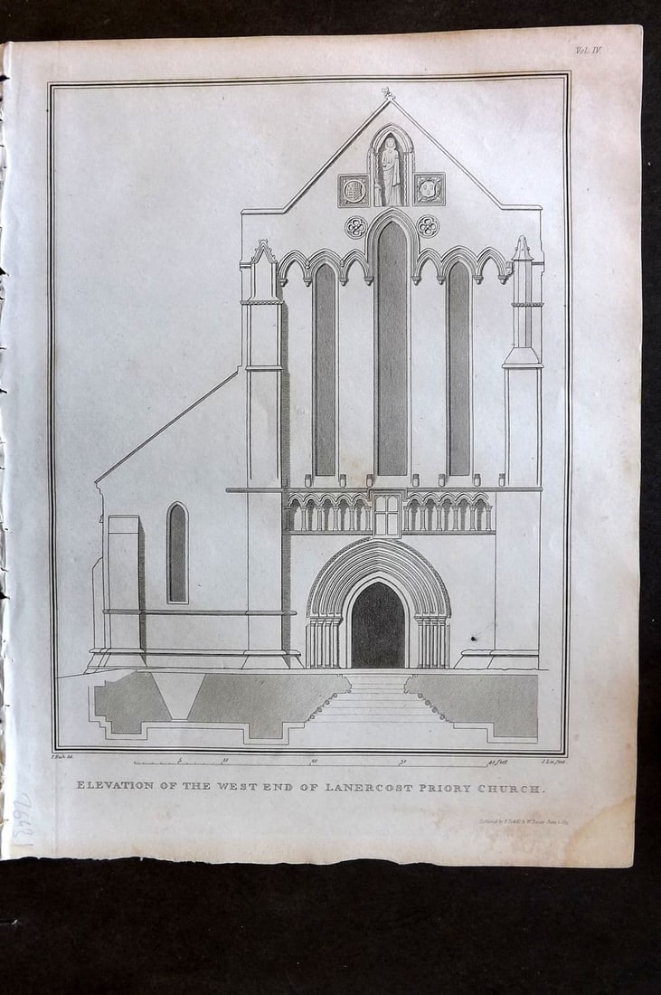 Lysons 1816 Antique Print. Elevation of the West End of Lanercost Priory Church: Antique Copper Plate Published 1806-22, London for "Magna Britannia; Being A Concise Topographical Account of The Several Counties of Great Britain" by Daniel & Samuel Lysons. Paper Size: 11.5 x 8.5 i