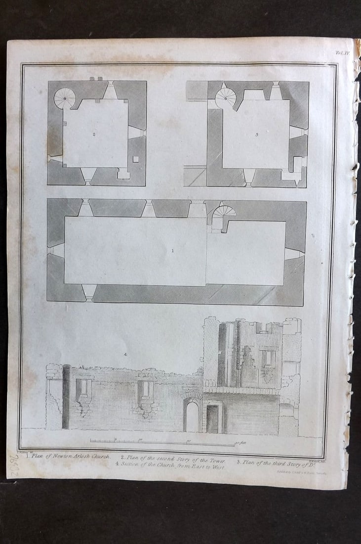 Lysons 1816 Antique Print. Newton Arlosh Church. Tower & Plan. Cumberland: Antique Copper Plate Published 1806-22, London for "Magna Britannia; Being A Concise Topographical Account of The Several Counties of Great Britain" by Daniel & Samuel Lysons. Paper Size: 11.5 x 8.5 i
