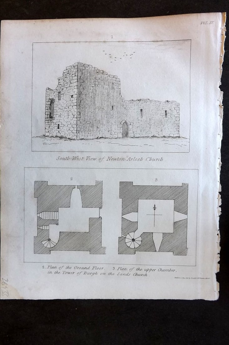 Lysons 1816 Antique Print. Newton Arlosh Church. View and Plan. Cumberland: Antique Copper Plate Published 1806-22, London for "Magna Britannia; Being A Concise Topographical Account of The Several Counties of Great Britain" by Daniel & Samuel Lysons. Paper Size: 11.5 x 8.5 i