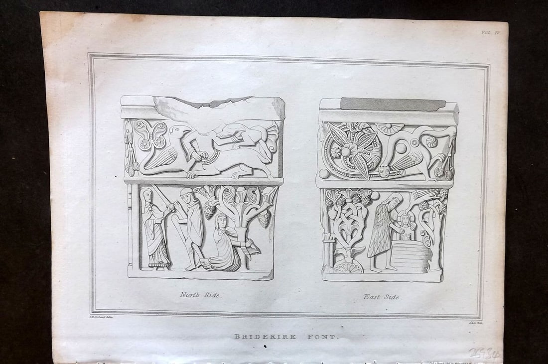 Lysons 1816 Antique Print. Bridekirk Font. Cumberland Cumbria: Antique Copper Plate Published 1806-22, London for "Magna Britannia; Being A Concise Topographical Account of The Several Counties of Great Britain" by Daniel & Samuel Lysons. Paper Size: 11.5 x 8.5 i