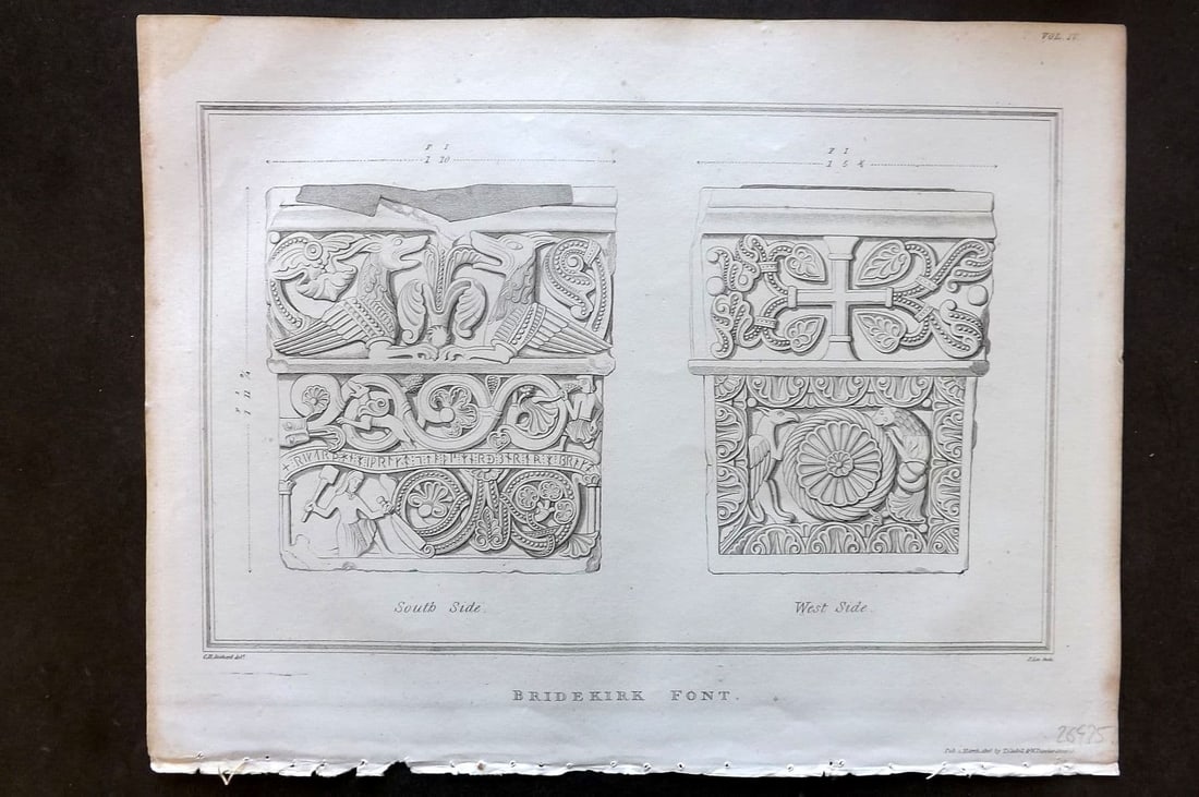 Lysons 1816 Antique Print. Bridekirk Font, Cumberland Cumbria: Antique Copper Plate Published 1806-22, London for "Magna Britannia; Being A Concise Topographical Account of The Several Counties of Great Britain" by Daniel & Samuel Lysons. Paper Size: 11.5 x 8.5 i