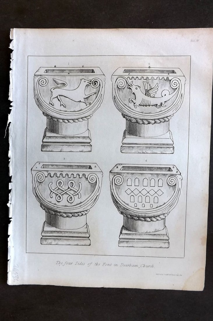 Lysons 1816 Antique Print. Four Sides of the Fint in Dearham Church, Cumbria: Antique Copper Plate Published 1806-22, London for "Magna Britannia; Being A Concise Topographical Account of The Several Counties of Great Britain" by Daniel & Samuel Lysons. Paper Size: 11.5 x 8.5 i