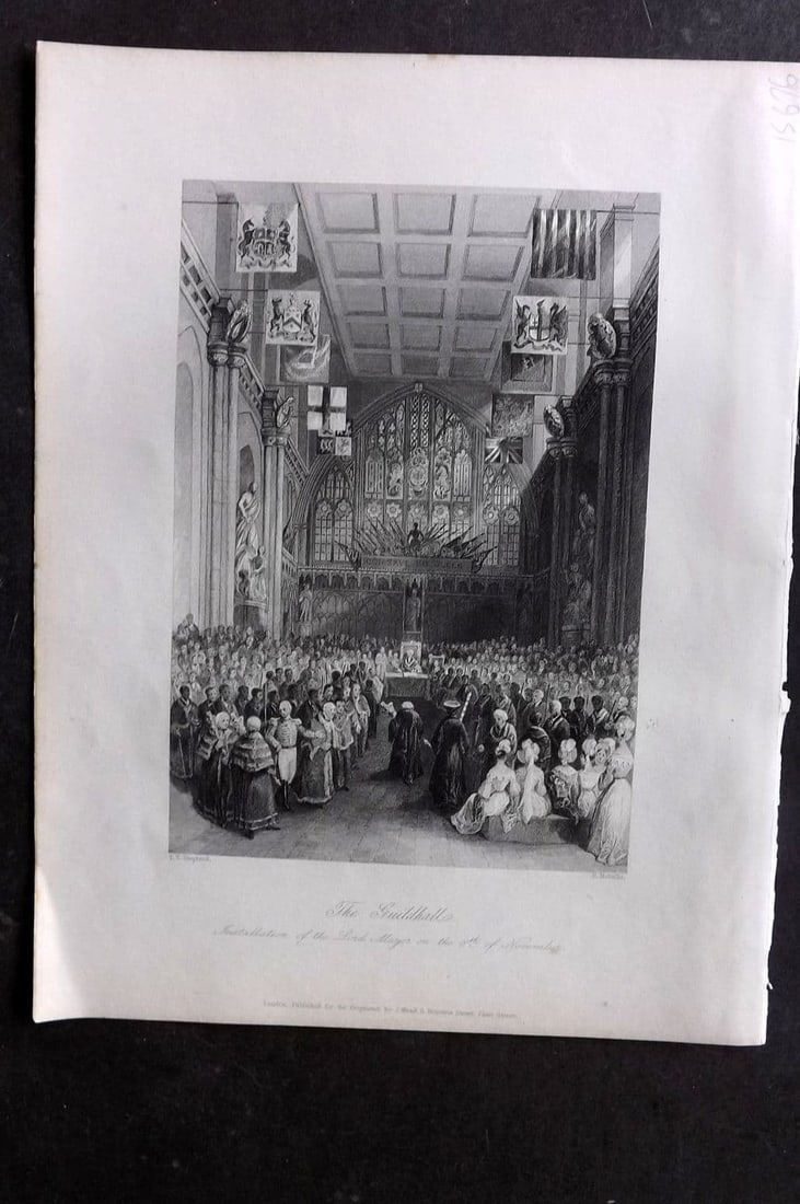 London Interiors 1844 Antique Print. The Guildhall. Installation of the Lord Mayor: Antique Steel Engraving Published 1841-4 by Joseph Mead, London for "London Interiors" Paper Size: 10.5 x 8 inch (27 x 21cm) Good Condition