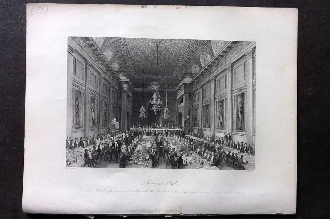 London Interiors 1844 Print. Freemason's Hall. Dinner of the Royal Human Society (1 of 1)