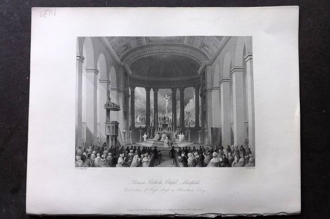 London Interiors 1844 Antique Print. Roman Catholic Chapel, Moorfields: Antique Steel Engraving Published 1841-4 by Joseph Mead, London for "London Interiors" Paper Size: 10.5 x 8 inch (27 x 21cm) Good Condition