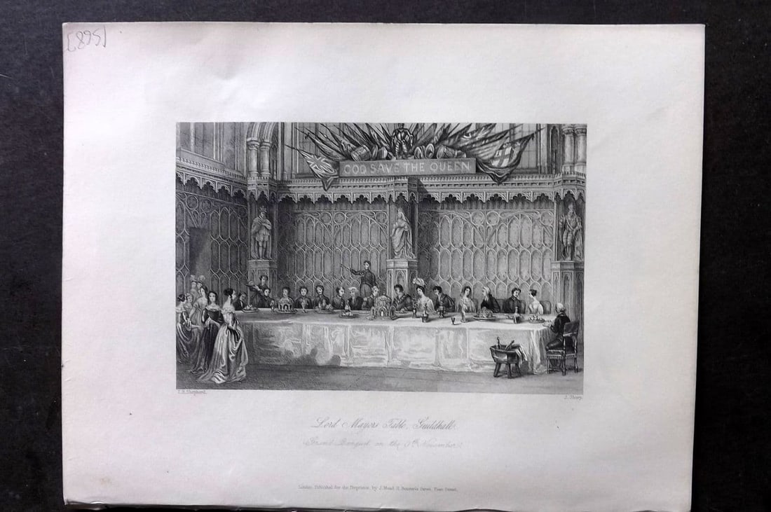 London Interiors 1844 Antique Print. Lord Mayors Table, Guildhall: Antique Steel Engraving Published 1841-4 by Joseph Mead, London for "London Interiors" Paper Size: 10.5 x 8 inch (27 x 21cm) Good Condition