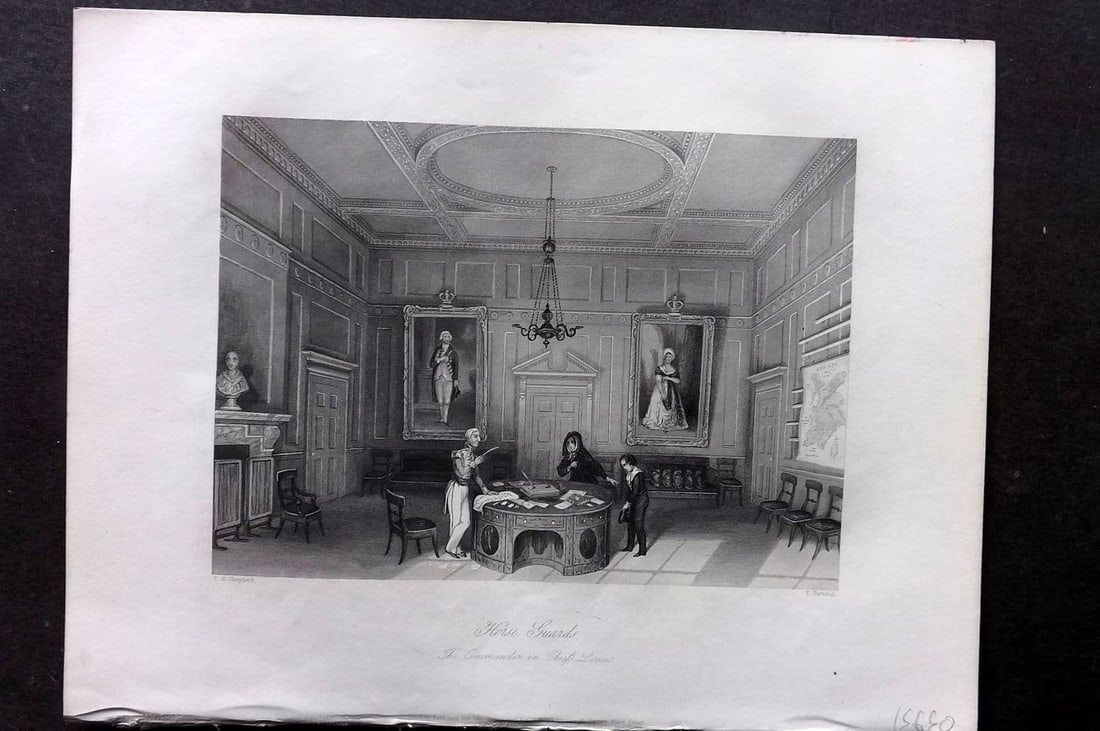 London Interiors 1844 Antique Print. Horse Guards. Commander in Chiefs Levee: Antique Steel Engraving Published 1841-4 by Joseph Mead, London for "London Interiors" Paper Size: 10.5 x 8 inch (27 x 21cm) Good Condition