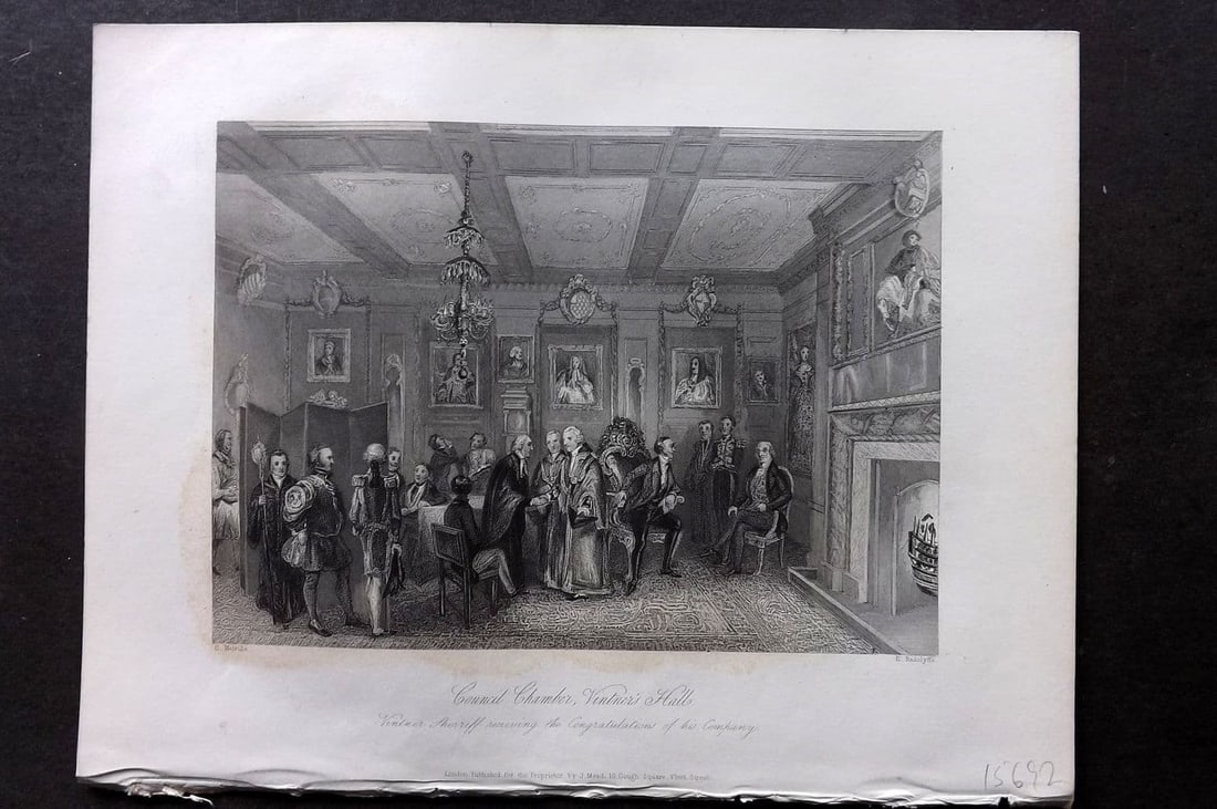 London Interiors 1844 Antique Print. Council Chamber. Vintner's Hall: Antique Steel Engraving Published 1841-4 by Joseph Mead, London for "London Interiors" Paper Size: 10.5 x 8 inch (27 x 21cm) Minor margin toning.