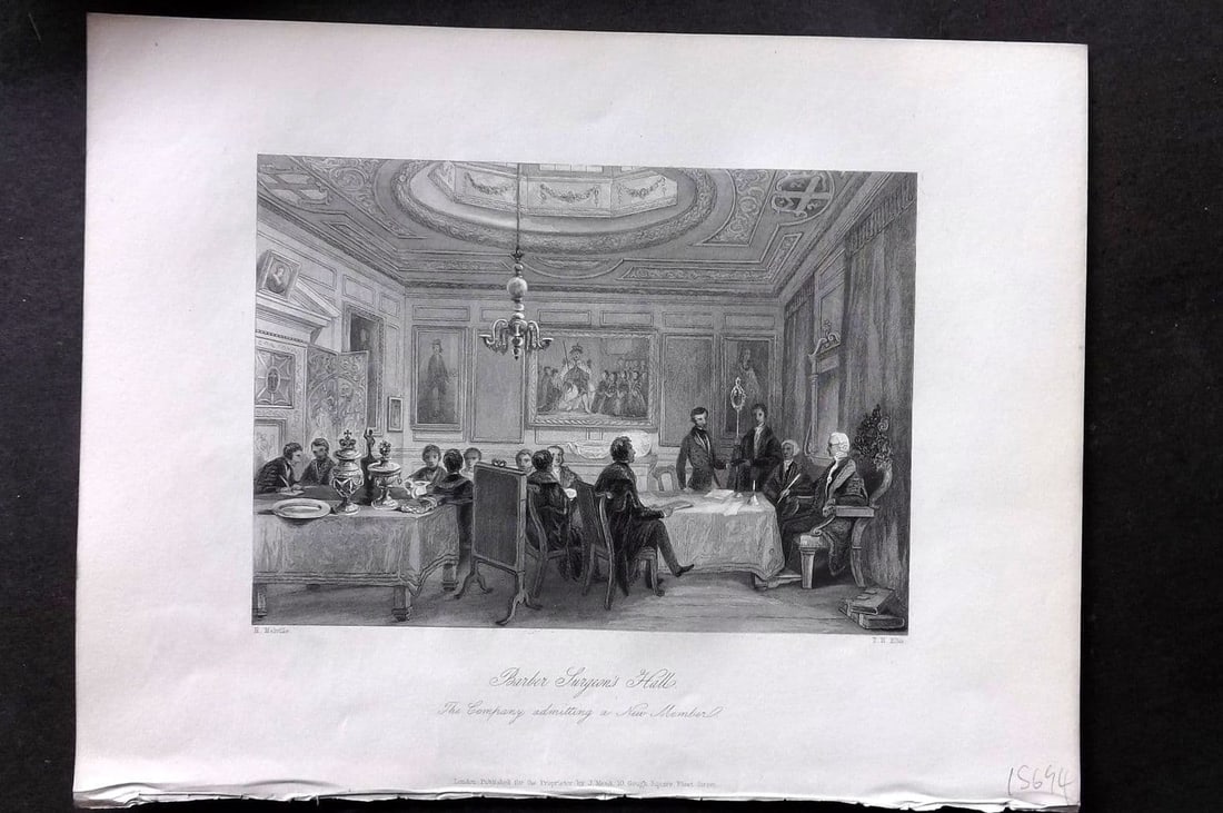 London Interiors 1844 Antique Print. Barber Surgeon's Hall: Antique Steel Engraving Published 1841-4 by Joseph Mead, London for "London Interiors" Paper Size: 10.5 x 8 inch (27 x 21cm) Good Condition