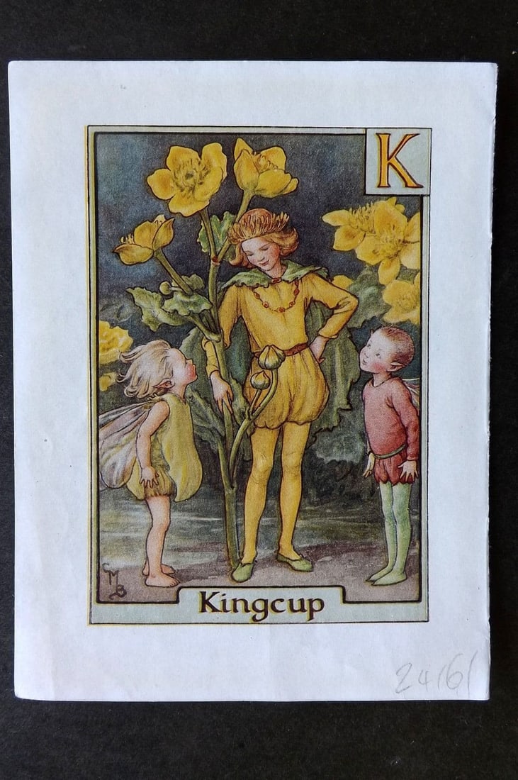 Cicely Mary Barker C1940 Flower-Fairy Alphabet Print. K - Kingcup: Vintage Lithograph Published C1935-45 by Blackie & Son, London & Glasgow for the "Flower-Fairies" Series by Cicely Mary Barker. Reverse side blank. Paper Size: 5.5 x 4 inch (14 x 10cm). Good Condition