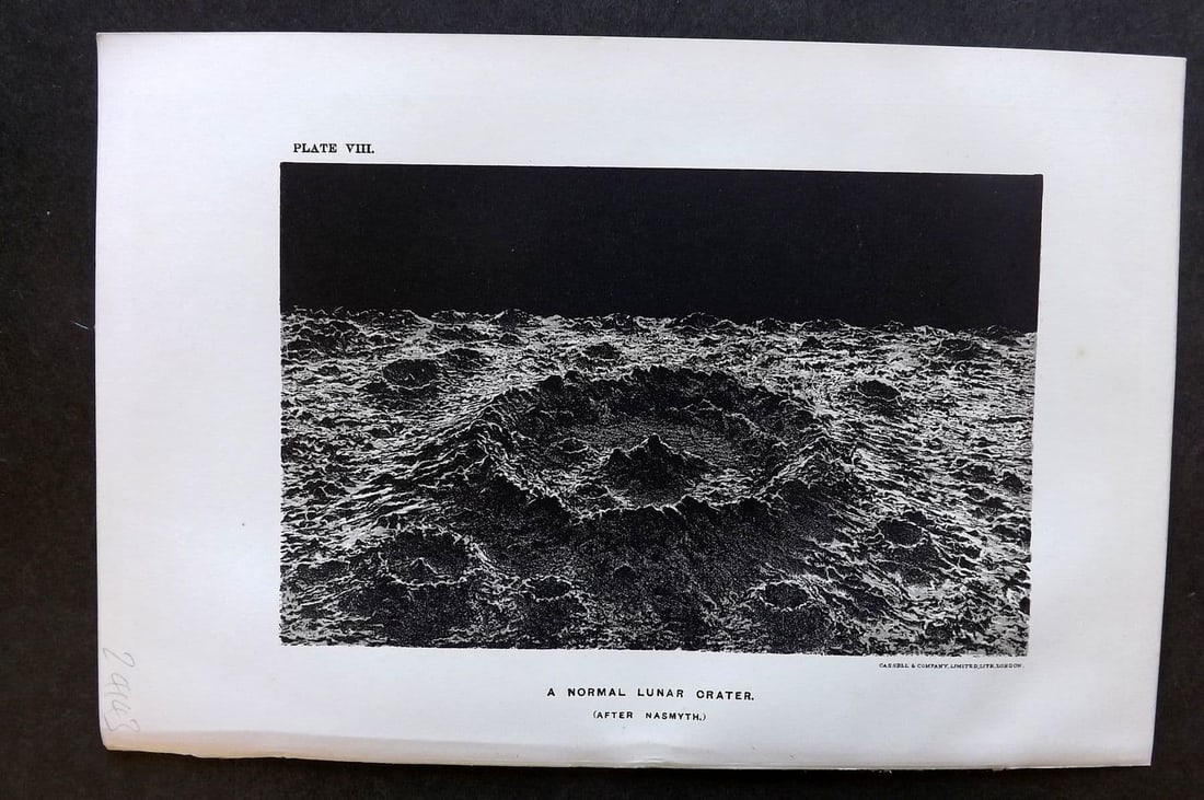 Ball C1900 Antique Astronomy Print. A Normal Lunar Crater. Moon, Celestial 08: Antique Lithograph Published C1900, London for "The Story of the Heavens" by Sir Robert Stawell Ball. Paper Size: 9 x 6 inch (23 x 15cm). Good Condition.