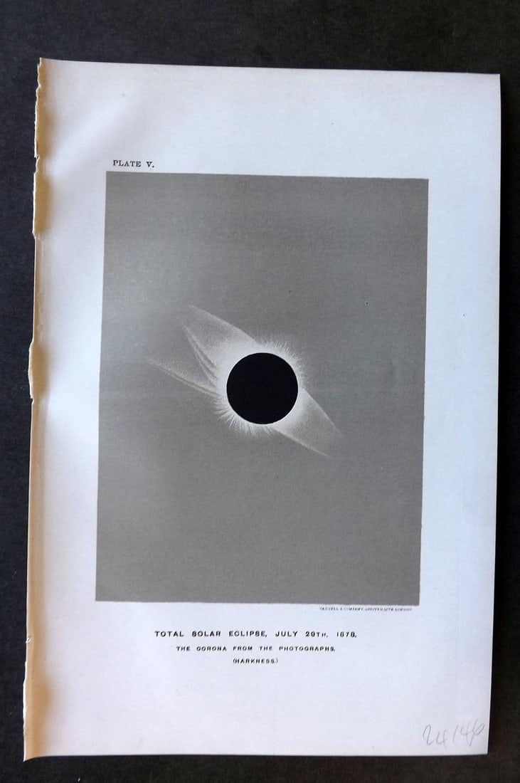 Ball C1900 Antique Astronomy Print. Total Solar Eclipse, July 29th 1878 05: Antique Lithograph Published C1900, London for "The Story of the Heavens" by Sir Robert Stawell Ball. Paper Size: 9 x 6 inch (23 x 15cm). Good Condition.