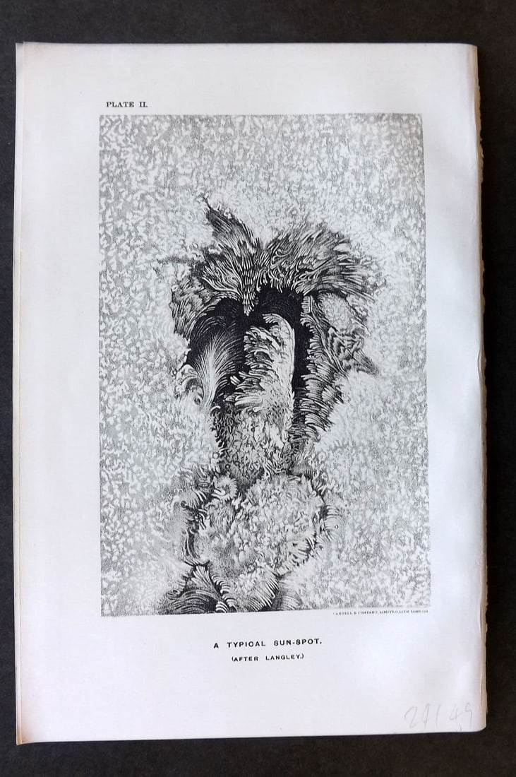Ball C1900 Antique Astronomy Print. A Typical Sun-Spot 02: Antique Lithograph Published C1900, London for "The Story of the Heavens" by Sir Robert Stawell Ball. Paper Size: 9 x 6 inch (23 x 15cm). Good Condition.
