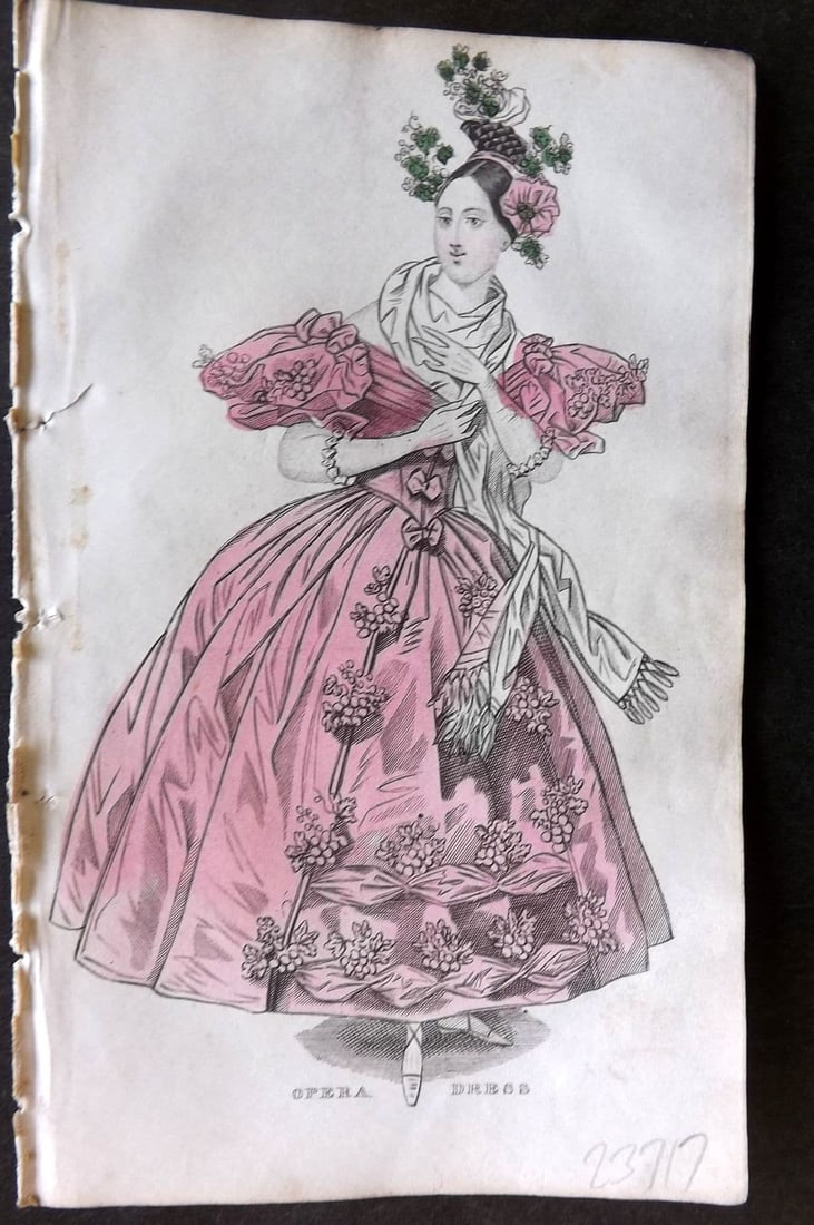 Ladies' Cabinet 1834 Hand Colored Fashion Plate. Opera Dress 13: Antique Steel Engraving/Etching Published 1834, London for "The Ladies' Cabinet of Fashion, Music and Romance" Fine hand colour as issued. Paper Size: 6.25 x 4 inch (16 x 10cm). Good Condition.