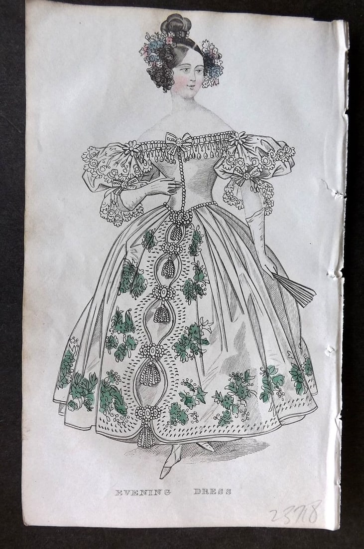 Ladies' Cabinet 1834 Hand Colored Fashion Plate. Evening Dress 14: Antique Steel Engraving/Etching Published 1834, London for "The Ladies' Cabinet of Fashion, Music and Romance" Fine hand colour as issued. Paper Size: 6.25 x 4 inch (16 x 10cm). Good Condition.