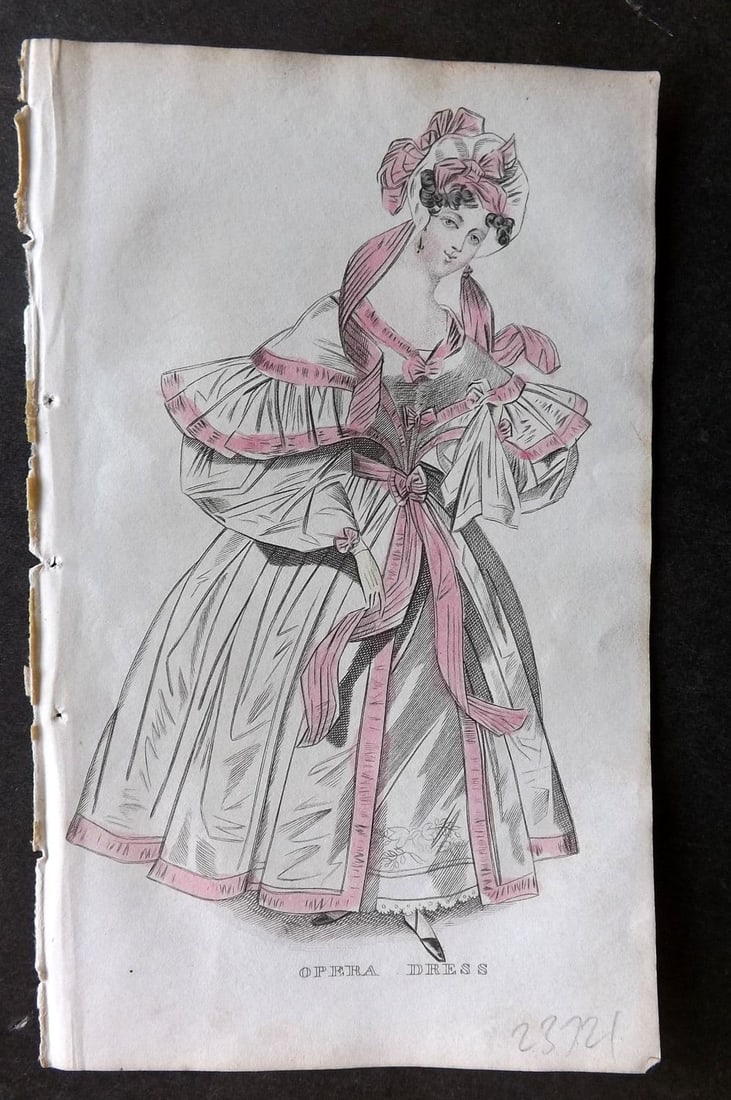Ladies' Cabinet 1834 Hand Colored Fashion Plate. Opera Dress 17: Antique Steel Engraving/Etching Published 1834, London for "The Ladies' Cabinet of Fashion, Music and Romance" Fine hand colour as issued. Paper Size: 6.25 x 4 inch (16 x 10cm). Good Condition.