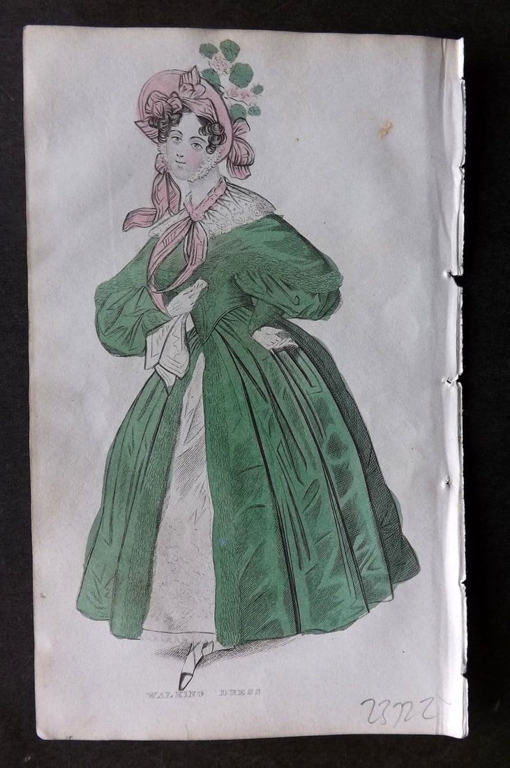 Ladies' Cabinet 1834 Hand Colored Fashion Plate. Walking Dress 18: Antique Steel Engraving/Etching Published 1834, London for "The Ladies' Cabinet of Fashion, Music and Romance" Fine hand colour as issued. Paper Size: 6.25 x 4 inch (16 x 10cm). Good Condition.