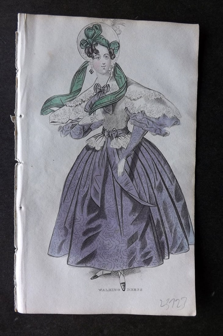 Ladies' Cabinet 1834 Hand Colored Fashion Plate. Walking Dress 19: Antique Steel Engraving/Etching Published 1834, London for "The Ladies' Cabinet of Fashion, Music and Romance" Fine hand colour as issued. Paper Size: 6.25 x 4 inch (16 x 10cm). Good Condition.