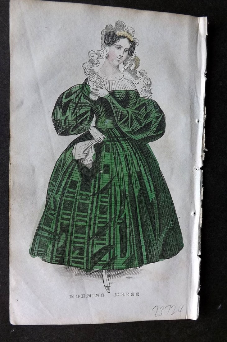Ladies' Cabinet 1834 Hand Colored Fashion Plate. Morning Dress 20: Antique Steel Engraving/Etching Published 1834, London for "The Ladies' Cabinet of Fashion, Music and Romance" Fine hand colour as issued. Paper Size: 6.25 x 4 inch (16 x 10cm). Good Condition.