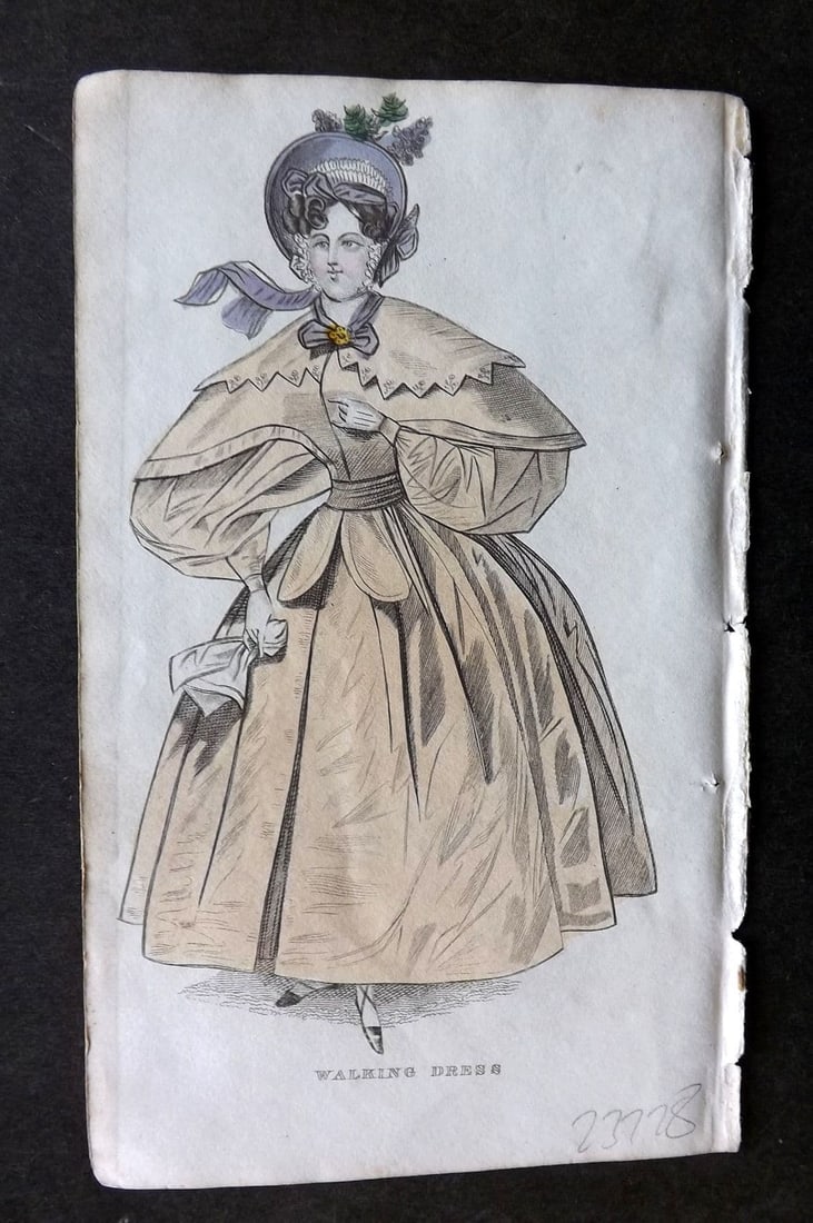 Ladies' Cabinet 1834 Hand Colored Fashion Plate. Walking Dress 24: Antique Steel Engraving/Etching Published 1834, London for "The Ladies' Cabinet of Fashion, Music and Romance" Fine hand colour as issued. Paper Size: 6.25 x 4 inch (16 x 10cm). Good Condition.