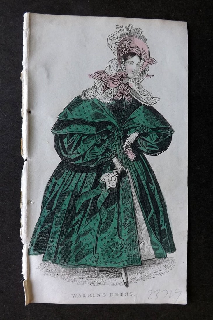 Ladies' Cabinet 1834 Hand Colored Fashion Plate. Walking Dress 25: Antique Steel Engraving/Etching Published 1834, London for "The Ladies' Cabinet of Fashion, Music and Romance" Fine hand colour as issued. Paper Size: 6.25 x 4 inch (16 x 10cm). Good Condition.