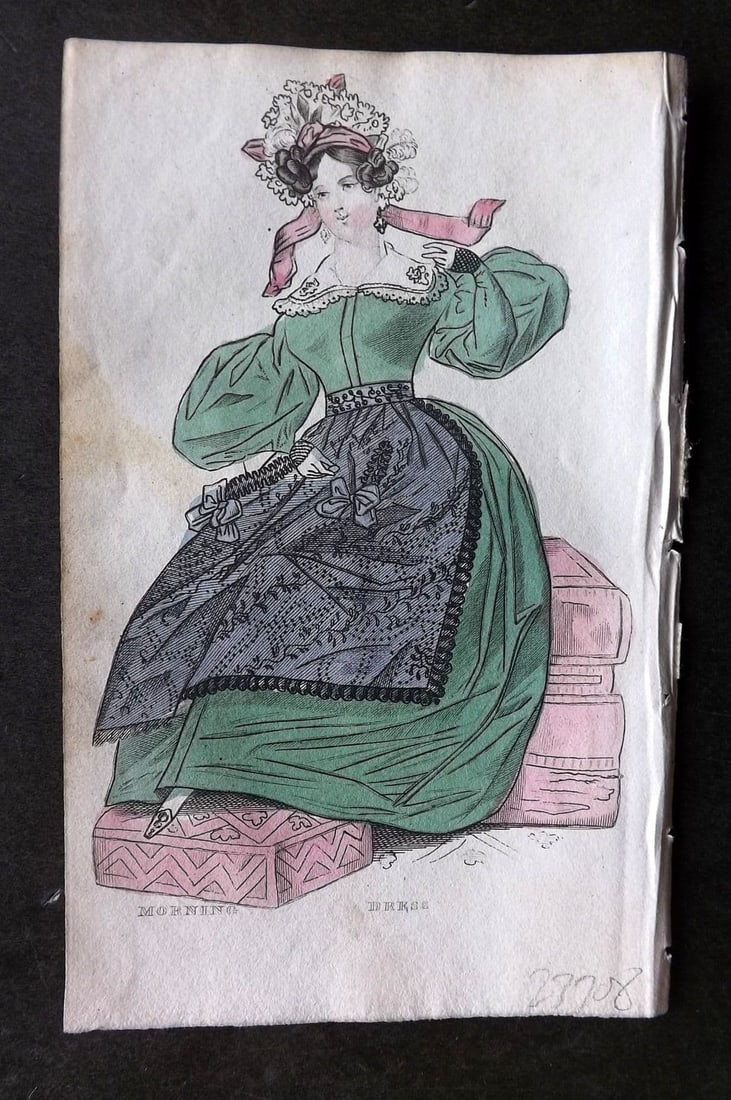 Ladies' Cabinet 1834 Hand Colored Fashion Plate. Morning Dress 04: Antique Steel Engraving/Etching Published 1834, London for "The Ladies' Cabinet of Fashion, Music and Romance" Fine hand colour as issued. Paper Size: 6.25 x 4 inch (16 x 10cm) Very minor margin tonin