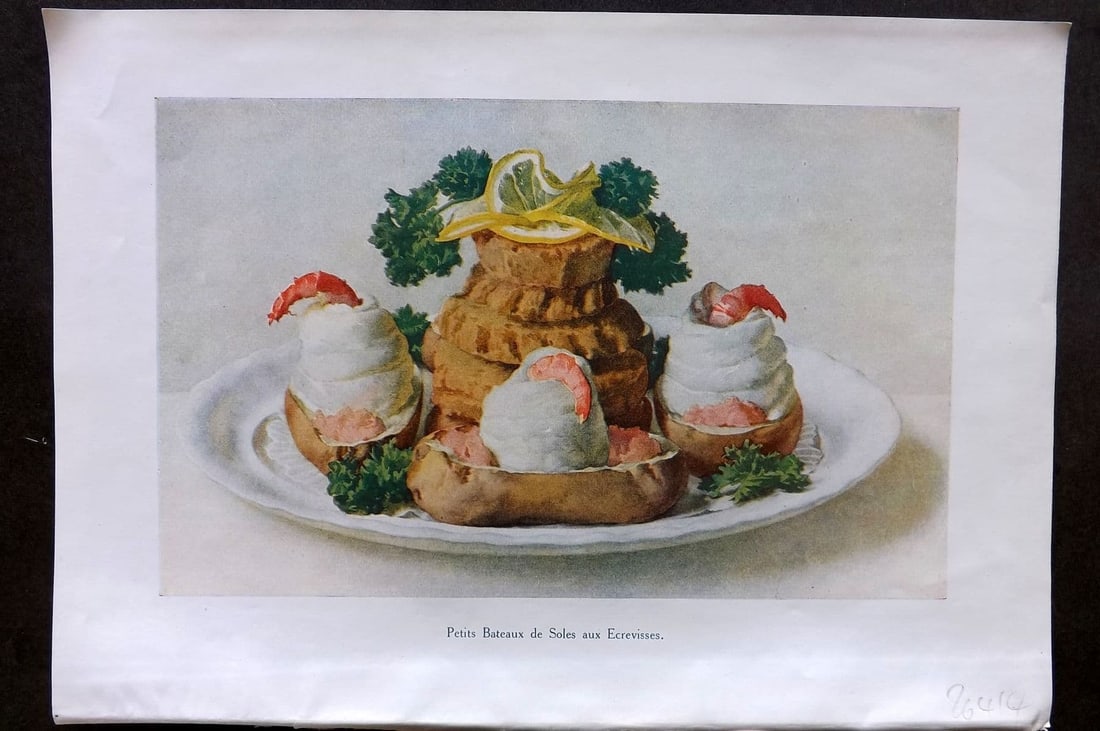 Fairclough 1951 Food Print. Petits Bateaux de Soles aux Ecrevisses: Antique Offset Lithograph Published 1951, London for "The Ideal Cookery Book" M. A. Fairclough. Paper Size: 10 x 7 inch (25 x 18cm) Good Condition