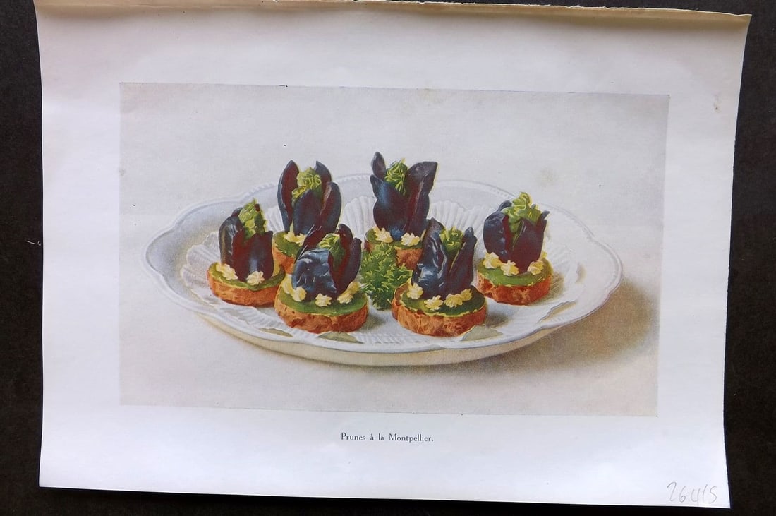 Fairclough 1951 Food Print. Prunes a la Montpellier: Antique Offset Lithograph Published 1951, London for "The Ideal Cookery Book" M. A. Fairclough. Paper Size: 10 x 7 inch (25 x 18cm) Good Condition