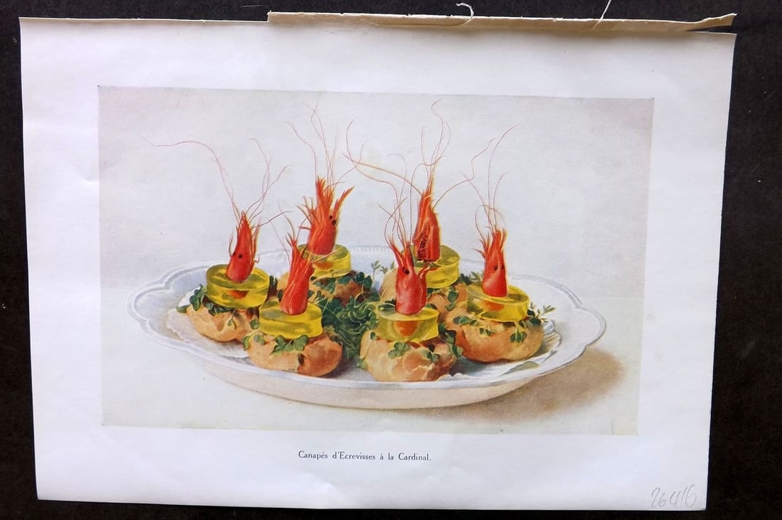 Fairclough 1951 Food Print. Canapes d'Ecrevisses a la Cardinal: Antique Offset Lithograph Published 1951, London for "The Ideal Cookery Book" M. A. Fairclough. Paper Size: 10 x 7 inch (25 x 18cm) Good Condition